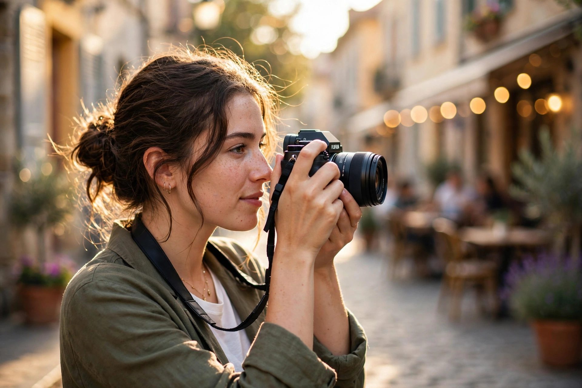 Photographer taking a photo on a sunlit street
