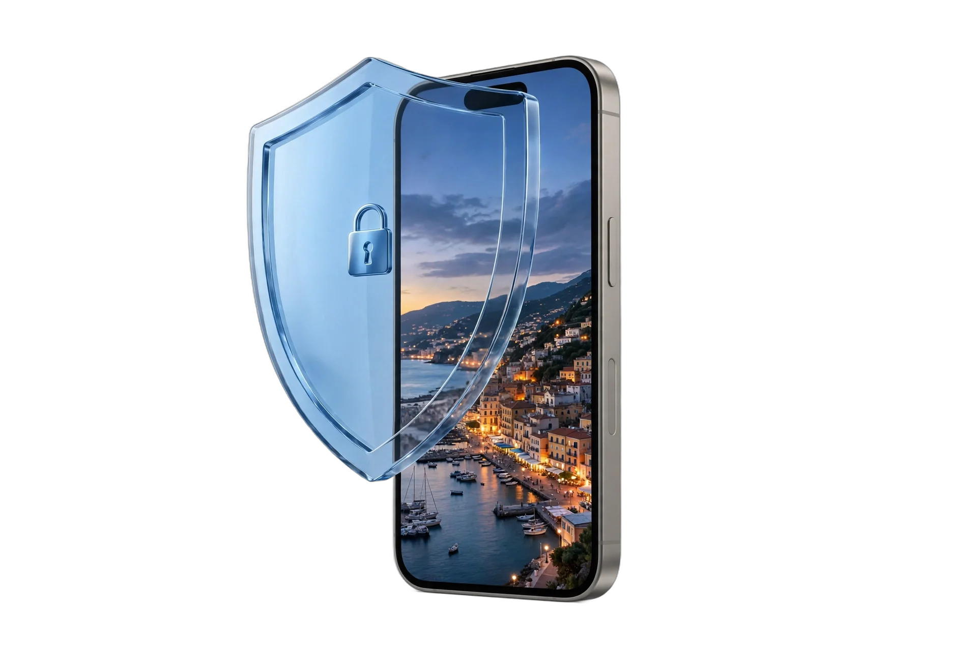 Smartphone protected by a glowing privacy shield with a lock